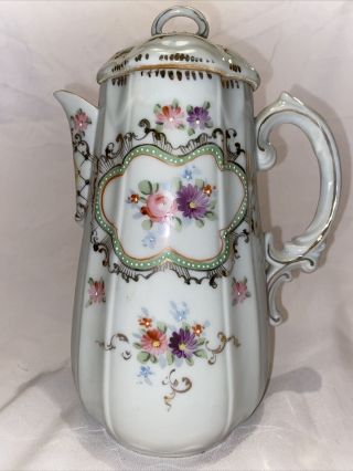 Antique Porcelain Chocolate Coffee Tea Pot Pitcher With Floral Design