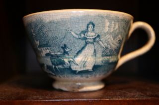 Antique 1850 C.  Staffordshire Teacup Woman Playing With Dog Rare China Pottery