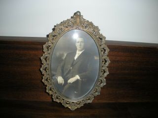 Vintage Photograph Man Portrait In Ornate Metal Frame With Convex Glass