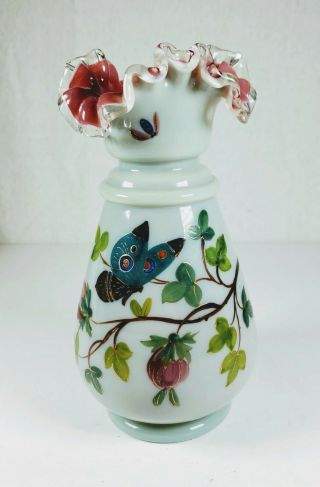Bristol Glass Vase Ruffled Rim Hand Painted Butterflies Floral Pink Ruffled Vase