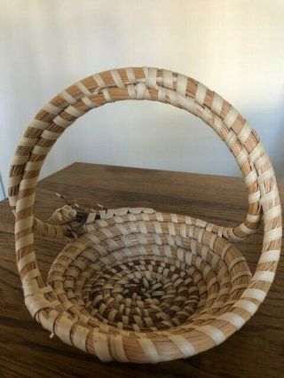 Mini Handmade Woven Sweetgrass Basket Round Brown Curved Handles 3 1/2 "