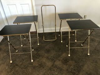 Vintage 4 Black Formica Gold Metal Bamboo Tv Snack Tray Tables,  Stand Folding