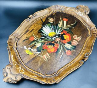 Hand Carved Painted Tole Wood Serving Tray Red,  Yellow Floral Design Vintage