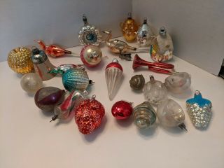 52 Antique Vintage Glass Christmas Ornaments Figural Bell Pine Cone Horn Birds