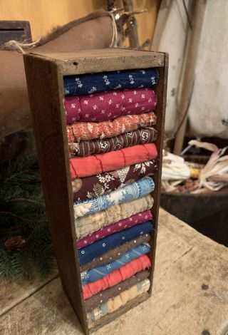 Old Wooden Cheese Box W/ Early Quilt Scrapes In Reds Blues Browns Wine Calicos