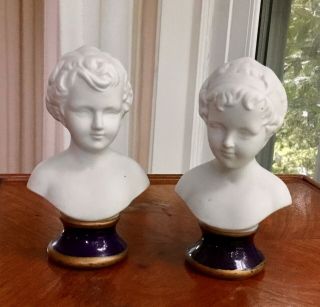 Vintage White Bisque Busts Of Boy And Girl On Cobalt Blue Pedestal W/ Gold Trim