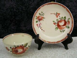 Antique Leeds Staffordshire Pearlware Creamware King ' s Rose Cup & Saucer 2