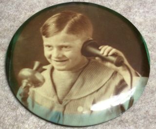 Charming Antique Round Celluloid Photograph Of Young Boy At Telephone