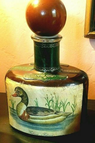 Vintage Italian Leather Decanter Hand Painted Italy Ducks - Barware Collectable