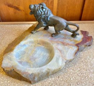 Vintage Early 20th Century Roaring Bronze Lion Marble Stone Ashtray Tray
