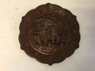 Vintage Antique Chinese Red Lacquer Cinnabar Plate W/ Figures Possibly Immortal