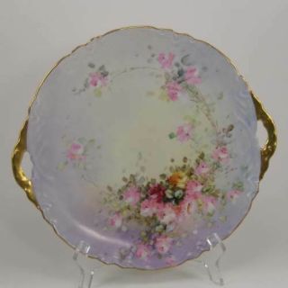 Mz Austria Hand Painted Pink Roses Porcelain Cake Plate Dbl Handles 11 " Signed