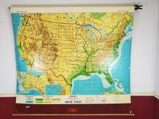 Vintage Crams Physical Political Pull Down United States School Map