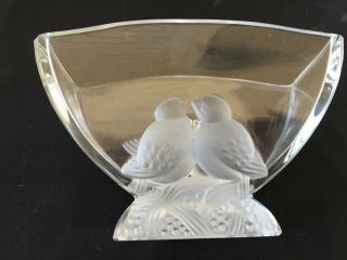 Verlys America Crystal Fan Shaped Clear Glass Vase With 2 Love Birds Signed