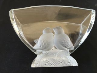 VERLYS AMERICA Crystal Fan Shaped Clear Glass Vase With 2 Love Birds Signed 3