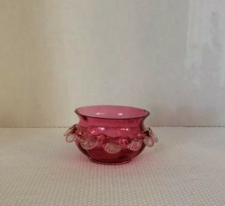 Antique Cranberry Glass With Clear Glass Ruffle Small Bowl 4”