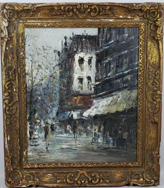 Paris Street Scene Vintage Oil Painting Hand Carved Frame Unsigned