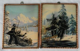 Two Vintage Convex Frame Reverse Painting On Glass Silhouette Skiing Mountain
