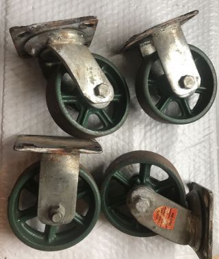 Vintage Industrial Set (4) Metal Cast Iron Caster Wheels 5” Diam 1 3/8wide Heavy