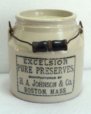Excelsior Pure Preserves H.  Johnson Boston,  Mass Vintage Antique Crock
