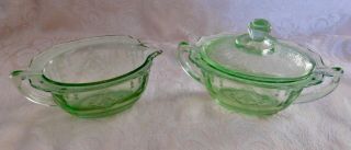 Antique Green Depression Glass Covered Sugar Bowl & Creamer Raised Etched Design