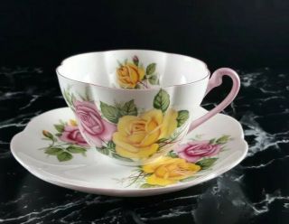Shelley Dainty Tea Cup And Saucer Yellow And Pink Roses Pink Handle And Rim