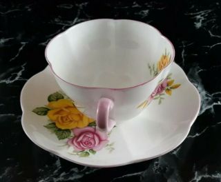 Shelley Dainty Tea Cup And Saucer Yellow and Pink Roses Pink Handle and Rim 3