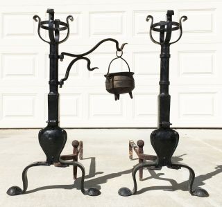 Basket Top Andirons,  Vtg Antique Colonial Gothic Medieval Wrought Iron Fireplace