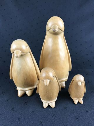 Set Of 4 Hand Carved Wooden Penguin Different Sizes Family Figures