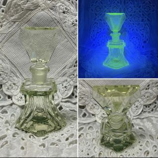 Rare Vintage Art Deco Uranium / Vaseline Cut Glass Perfume Bottle Mid Century
