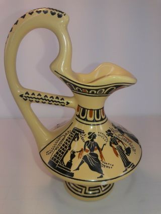 Greek Tan Terra - Cotta Vase - Hand Painted By D.  Vassilopoulos - Vintage