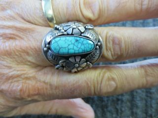 Vintage R Signed Native American Sterling Silver Large Turquoise Ring Size 12