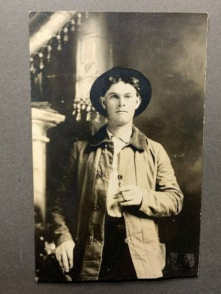 Antique Vintage Rppc Real Photo Post Card Handsome Young Man Holding Cigar Hat