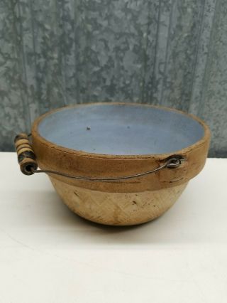 Vintage Pottery Stoneware Crock Bowl With Wire/wood Handle Star Logo On Bottom