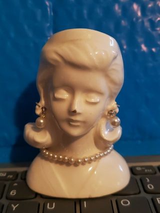 Vintage Small Head Vase Lady With Earrings All White 3 1/2 " High,  2 1/2 " Wide