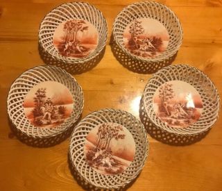 Antique Cupid Cherub Putti Porcelain Reticulated Bowls Inserts 5 Pc Small B12
