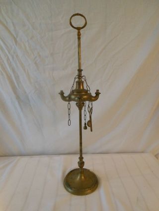 Antique Italian Table Oil Lamp,  19th Century 4 Spout Lucerna,  Brass,  With Tools