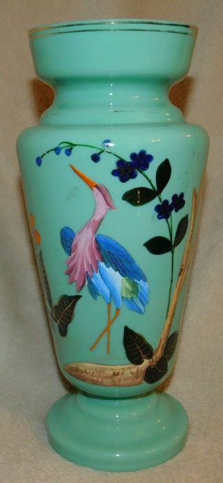Antique Hand Painted Enameled Opaline Milk Glass Vase - Heron & Flowers - 27.  5 Cm
