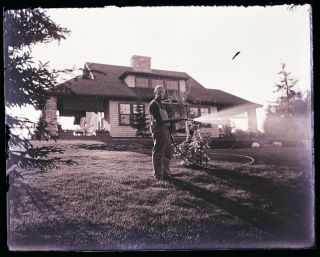 (1) Late 1800s - Early 1900s Glass Negative; Man Watering Lawn,  House In Back