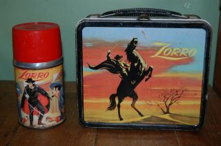 Vintage 1958 Blue Sky Zorro Lunch Box & Matching Thermos Aladdin Good Cond