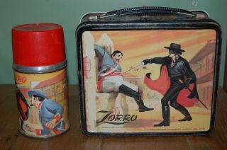 Vintage 1958 Blue Sky Zorro Lunch Box & Matching Thermos Aladdin Good Cond 2