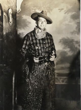 1937 Vintage Photo Rppc Young Man Cowboy Guns Drawn & Galloping Lonesomeness