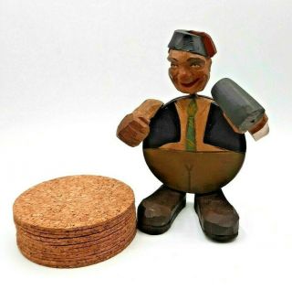 Vintage Hand Carved Wooden Figurine Man With A Tankard Holds Cork Coasters