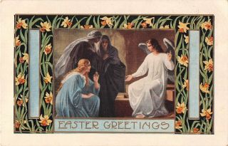 Old Religious Art Deco Whitney Easter Pc - Daffodil Borders - Angel & Women At Tomb