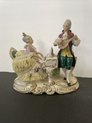 Large Dresden Porcelain Lace Figurine Man & Lady At Piano Repaired W Damage