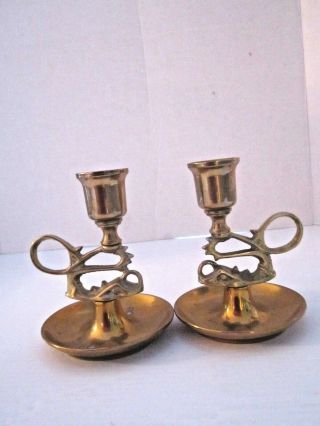 Vintage Brass Candle Holders Fish Handle.  4 1/2 " Tall.  Taper.