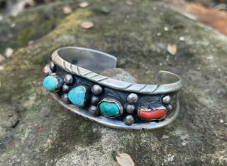 Vtg Navajo Sterling Silver Turquoise Coral Cuff Bracelet True Old Pawn 40 Gr