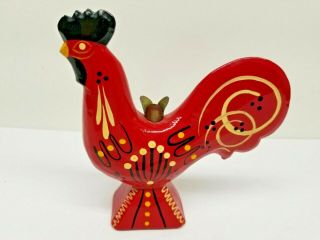 Swedish Dala Rooster Red 5.  25 " Carved Wooden Folk Art Candle Holder