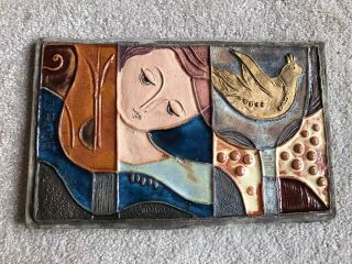 Signed J.  Ruth Faktor Abstract Ceramic Pottery Tile Framed 10 In X 6 In