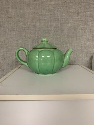 Vintage Ceramic Color Green Paneled Teapot With Lid Mid Century